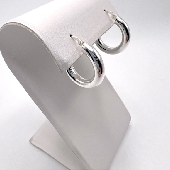 .925 Sterling Silver 4mm x 20mm  Round Tube Hoop Earrings - Picture 9 of 15